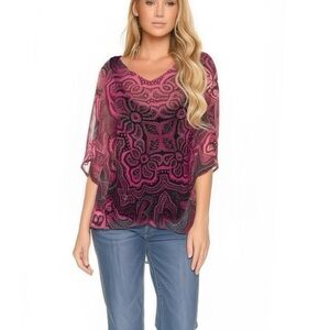 INC Boho Pink Sheer Paisley Blouse Half Sleeve Top Cami Under Women’s Small